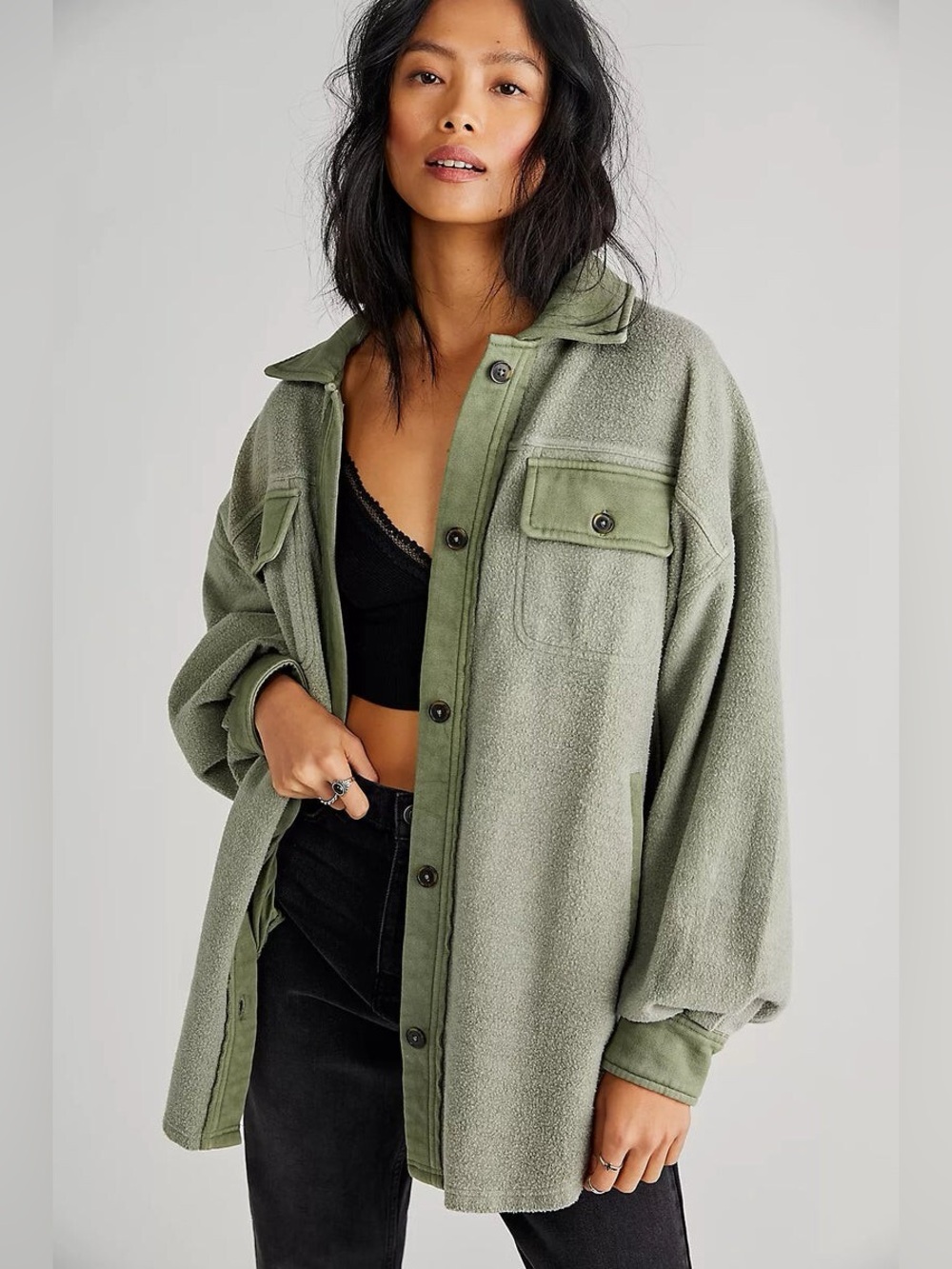 Free People Sage Green Ruby Fleece Shacket Jacket Oversized XL